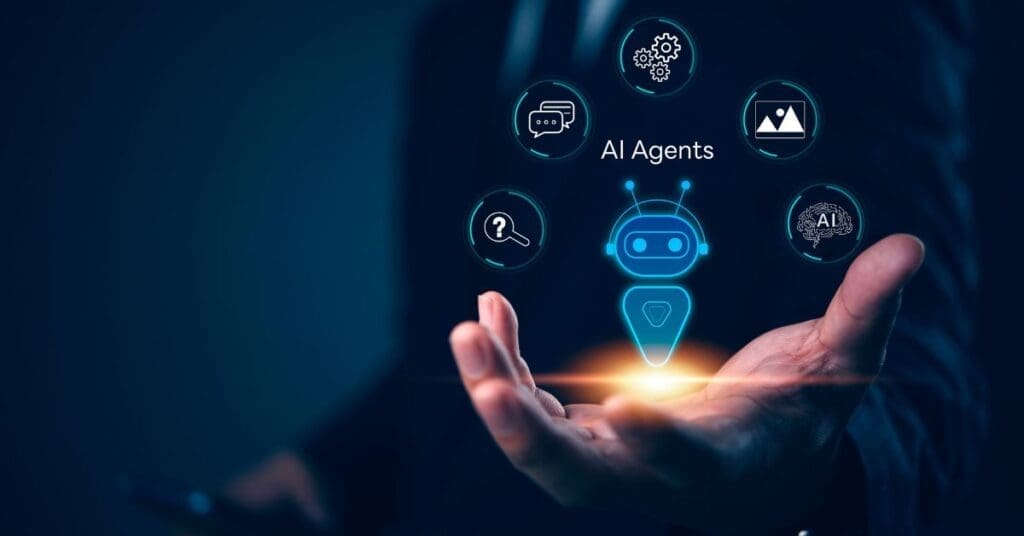 empresario-que-mantem-uma- interface- virtual-com-icones-de-agentes-de-ia-automação-inteligencia-artificial
