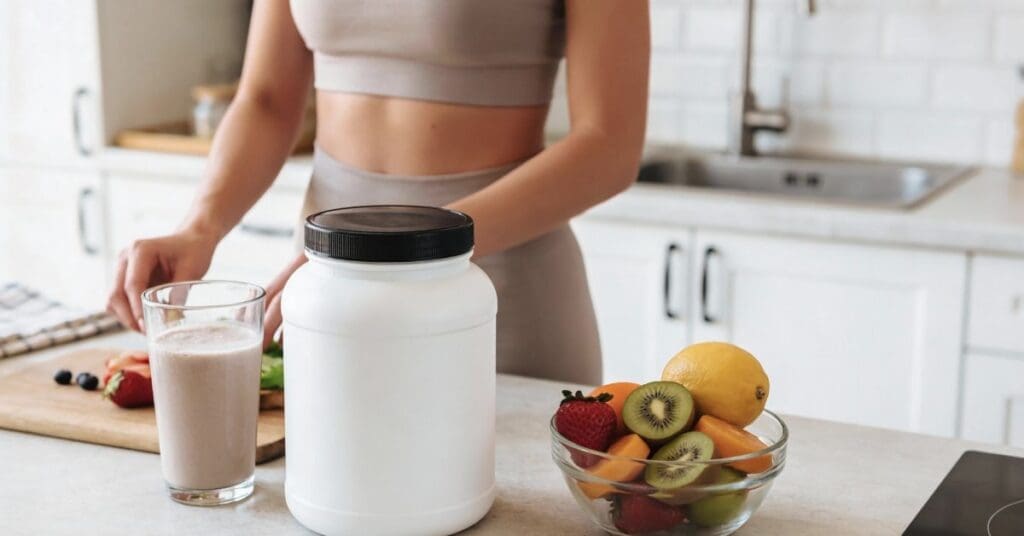 mulher-com-roupa-esportiva-em-uma-cozinha-preparando-refeicao-com-suplemento-proteico-e-frutas